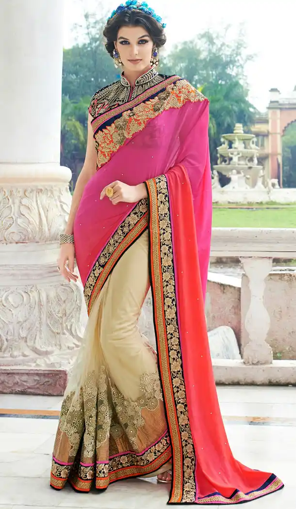 Rose Pink Color Georgette,Net Designers Party Half Sarees with Stitched Blouse | FH396264553