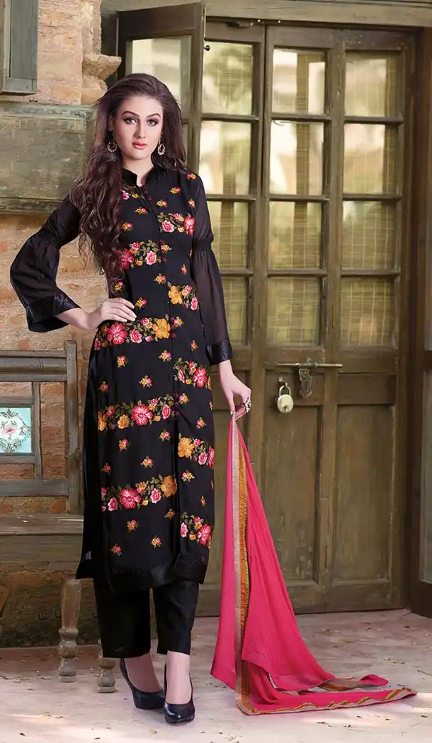 Readymade Churidar: Salwar Suit Online Black Georgette | FH397564647