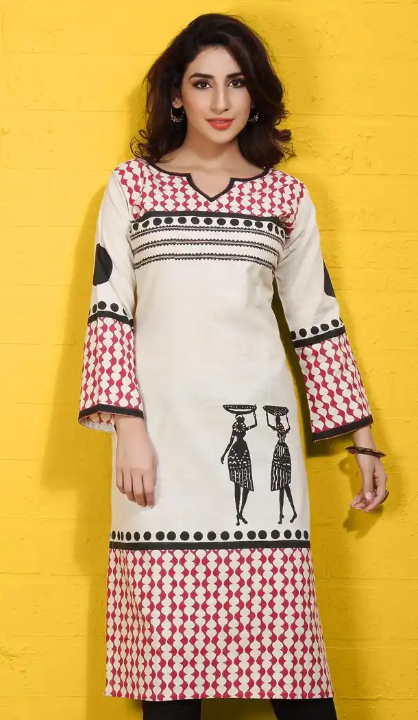Off White Cotton Block Print Daily Wear Readymade Kurtis Online | FH400365024