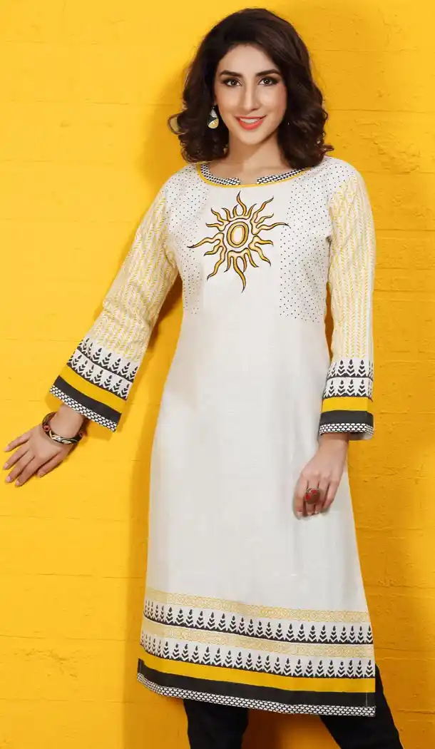 Off White Cotton Block Print Daily Wear Readymade Kurtis Online | FH400365031
