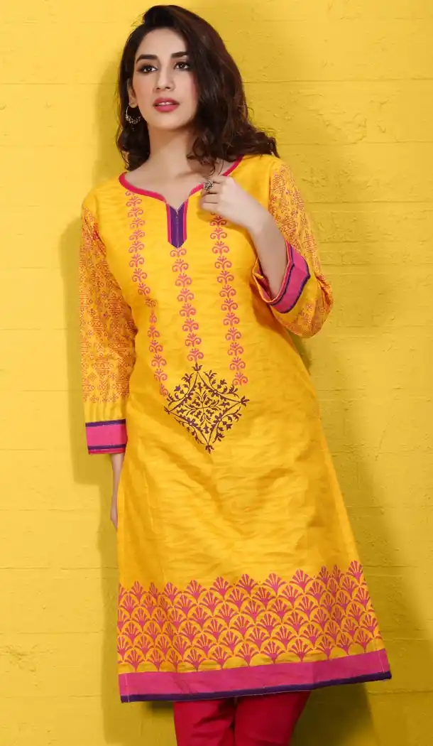 Straight Style Yellow Cotton Daily Wear Readymade Kurtis Online | FH400865037