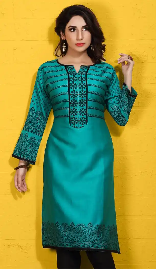 Straight Style Greenish Blue Cotton Daily Wear Readymade Kurtis Online | FH400865039
