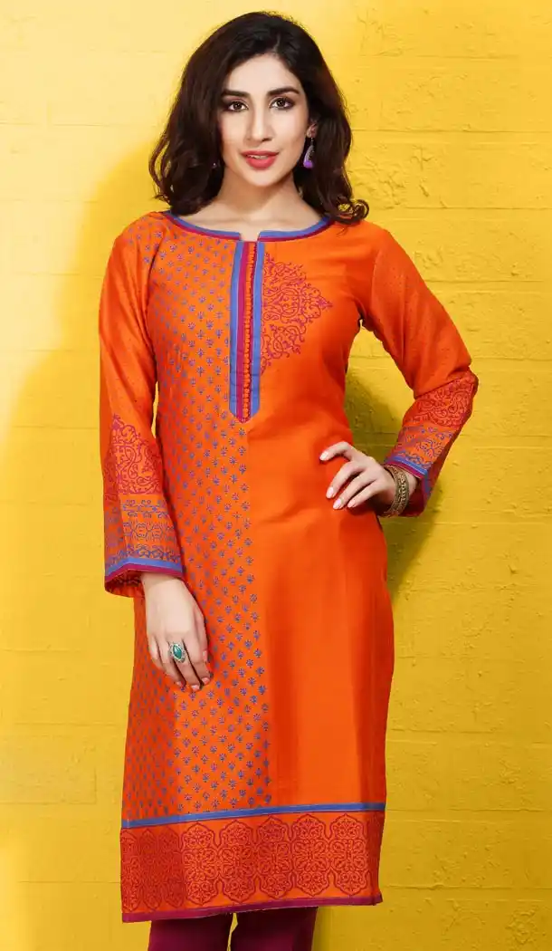 Straight Style Orange Cotton Daily Wear Readymade Kurtis Online | FH400865040