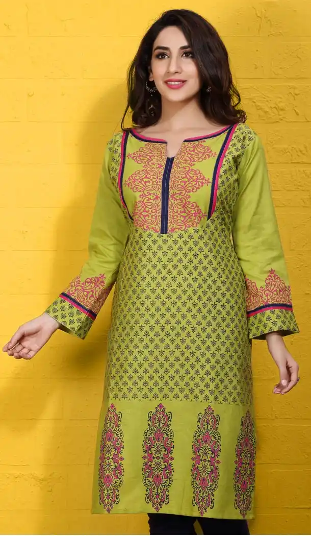 Straight Style Mehendi Green Cotton Daily Wear Readymade Kurtis Online | FH400865041