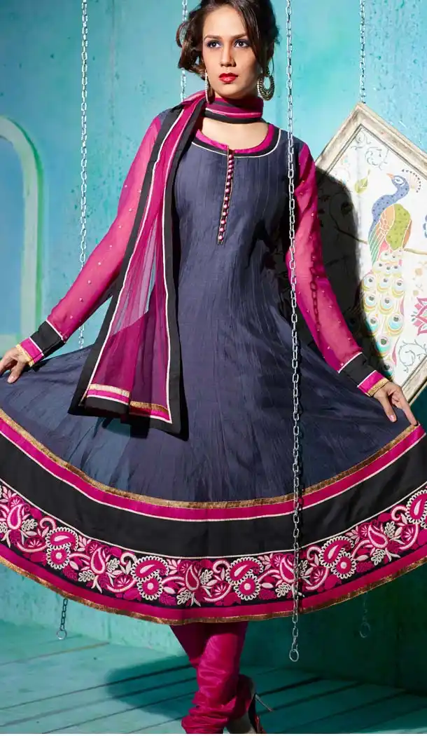Navy Blue Color Chanderi Silk Anarkali Readymade Suits Online | FH400965103