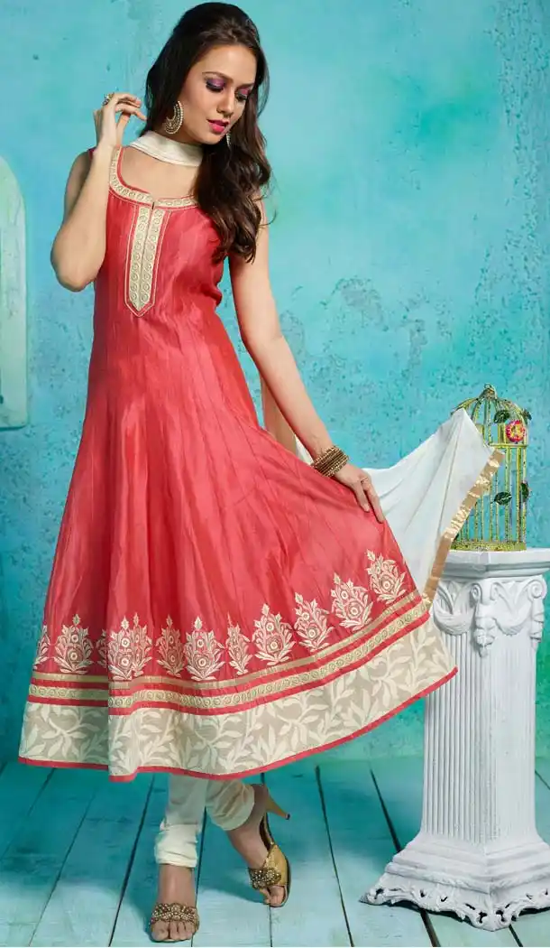 Coral Color Chanderi Silk Anarkali Readymade Suits Online | FH400965104