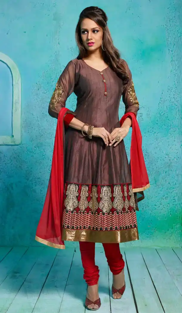 Brown Color Chanderi Silk Anarkali Readymade Suits Online | FH400965105