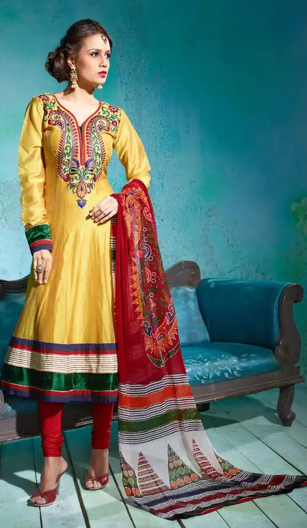 Yellow Color Chanderi Silk Anarkali Readymade Suits Online | FH400965107