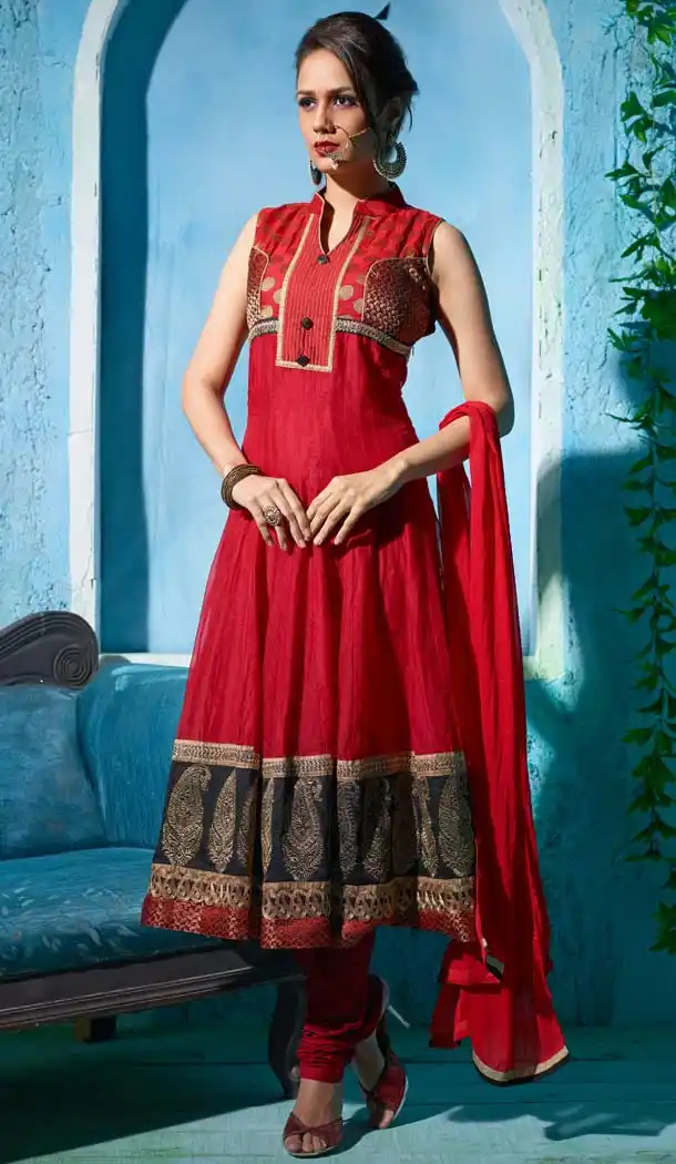 Crimson Color Chanderi Silk Anarkali Readymade Suits Online | FH400965108