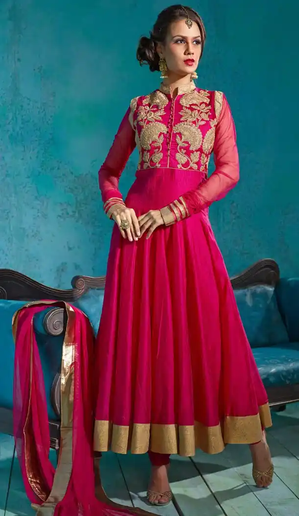 Embroidered Deep Pink Color Chanderi Silk Anarkali Readymade Suits | FH401065116