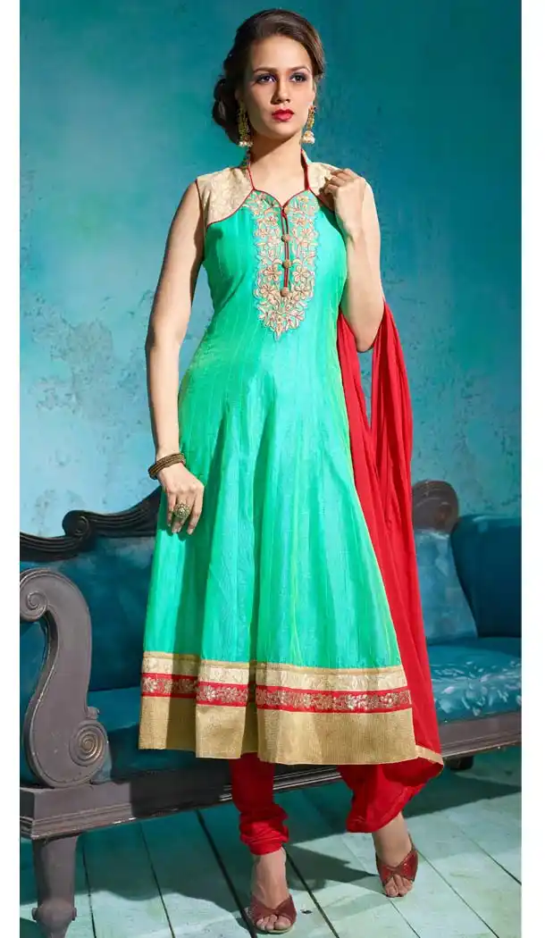 Embroidered Light Turquoise Color Chanderi Silk Anarkali Readymade Suits | FH401065118