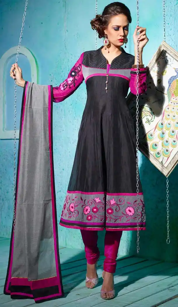 Embroidered Black Color Chanderi Silk Anarkali Readymade Suits | FH401065121