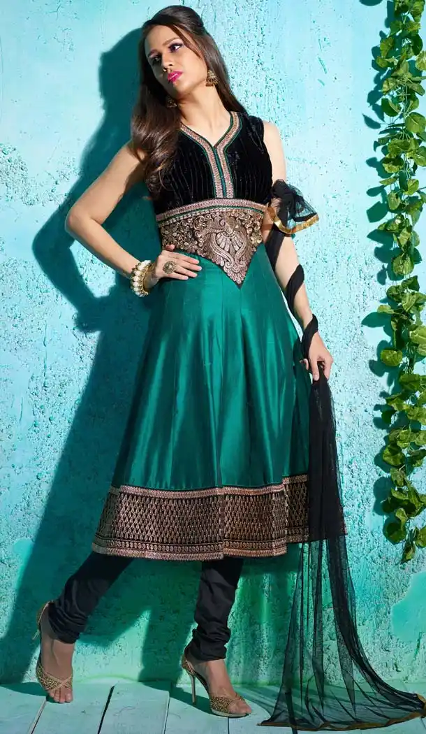 Embroidered Bottle Green Color Chanderi Silk Anarkali Readymade Suits | FH401065125