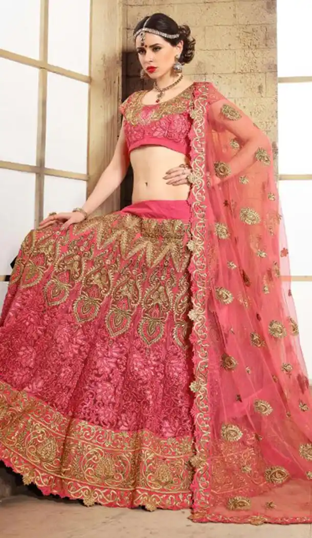 Bridal Lehenga Online Shopping in Salmon Color and Net Fabric | FH403365322