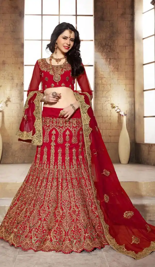 Bridal Lehenga Online Shopping in Red Color and Dupioni Raw Silk Fabric | FH403365323