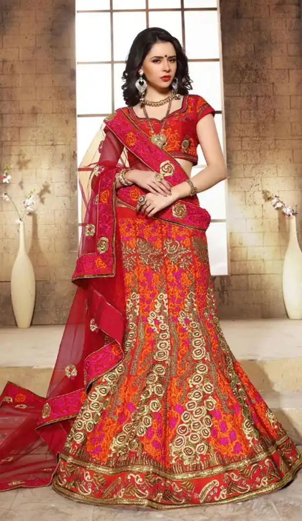 Bridal Lehenga Online Shopping in Red and Dupioni Raw Silk | FH403365324