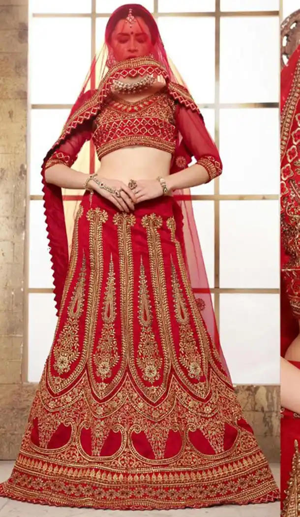 Red and Dupioni Raw Silk Bridal Lehenga Online Shopping | FH403365325