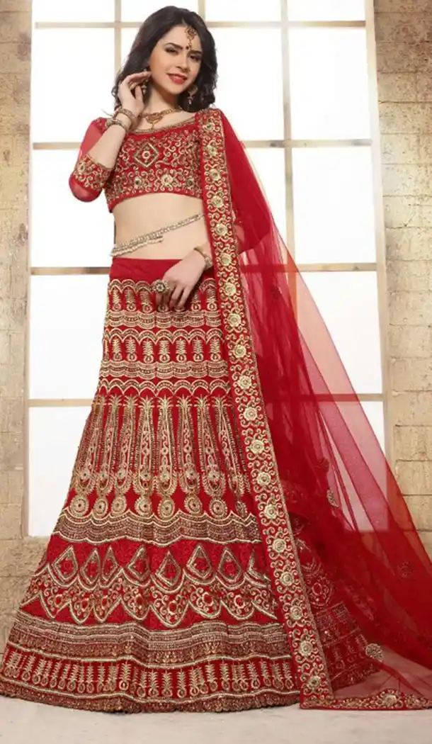 A Line Lehenga Red and Dupioni Raw Silk Bridal Lehenga Online Shopping | FH403365326