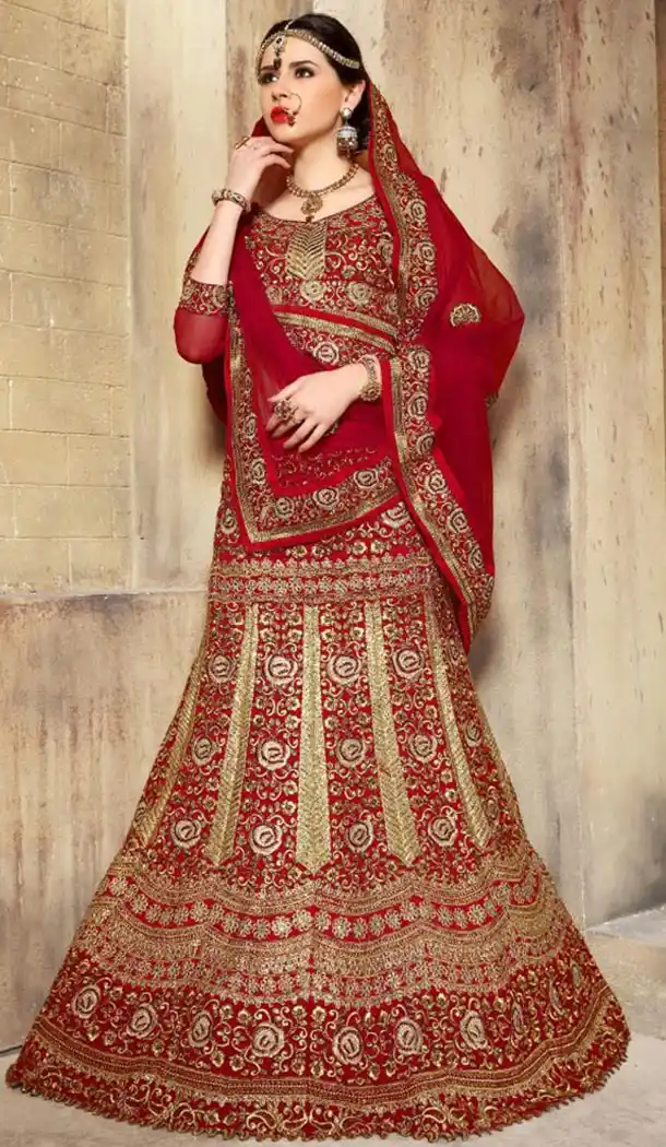 Red and Dupioni Raw Silk A Line Lehenga Bridal Lehenga Online Shopping | FH403365327