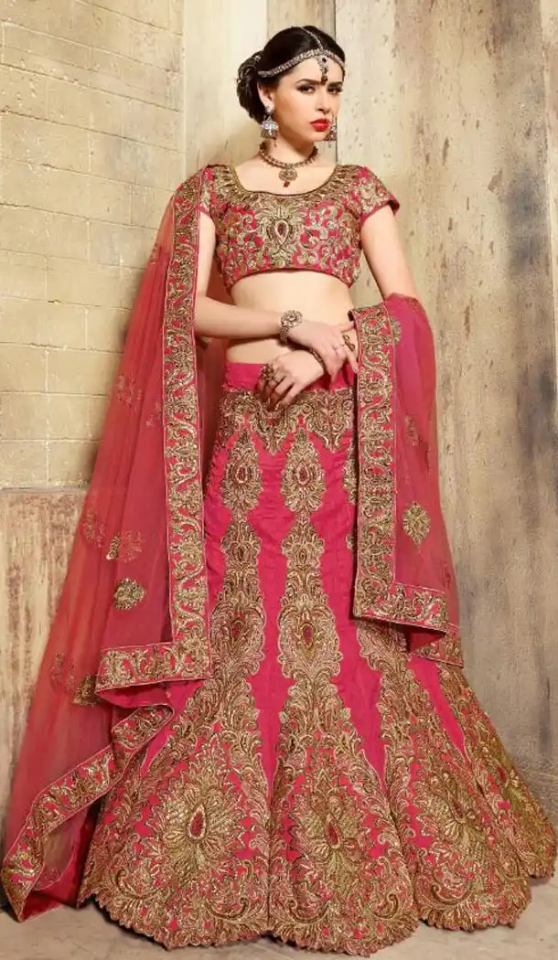 Salmon and Dupioni Raw Silk Bridal Lehenga Online Shopping | FH403365328