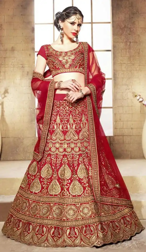 Bridal Lehenga Online Shopping in Dupioni Raw Silk and Red | FH403365330