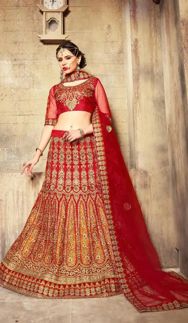 Bridal Lehenga Online Shopping in Dupioni Raw Silk and Red Color | FH403365331