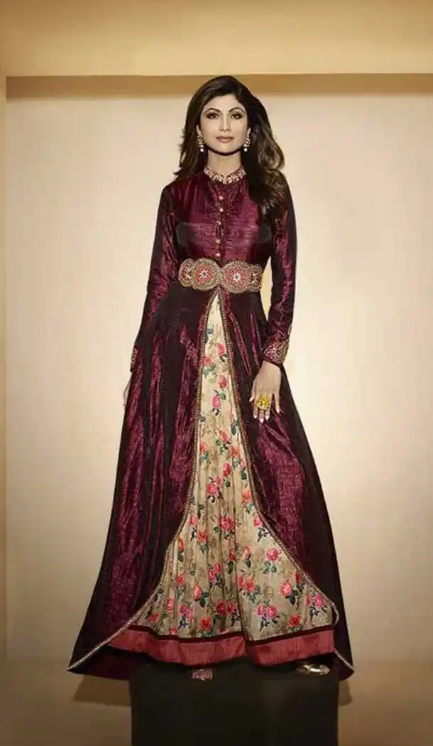 Shilpa Shetty in Wine Raw Silk Kameez Lehenga | FH403465394