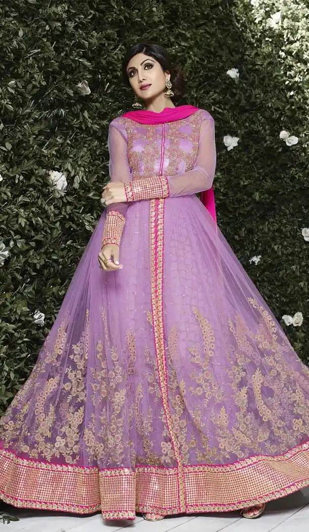 Shilpa Shetty in Lavender Net Churidar Kameez | FH403465395