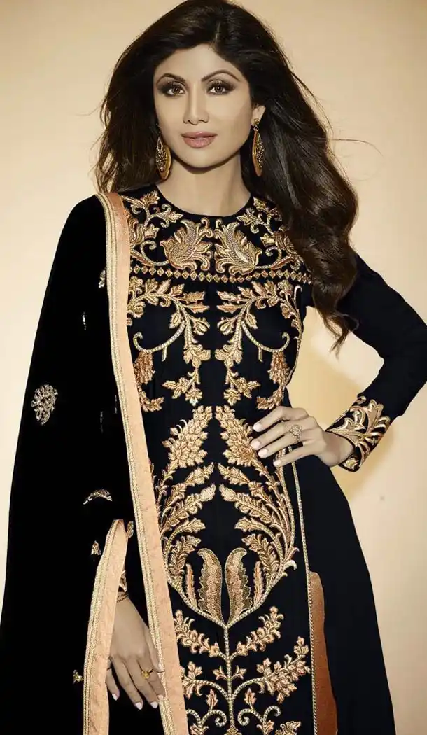 Shilpa Shetty in Black Georgette Narrow Pants with Kameez | FH403465396