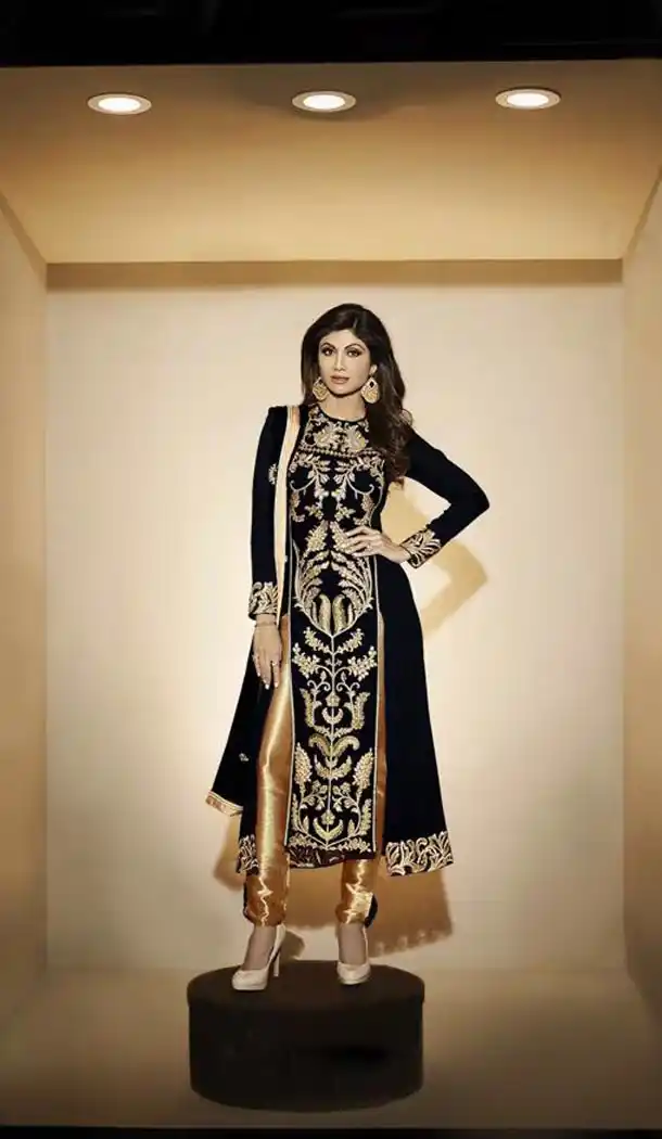 Shilpa Shetty in Black Georgette Narrow Pants with Kameez | FH403465396