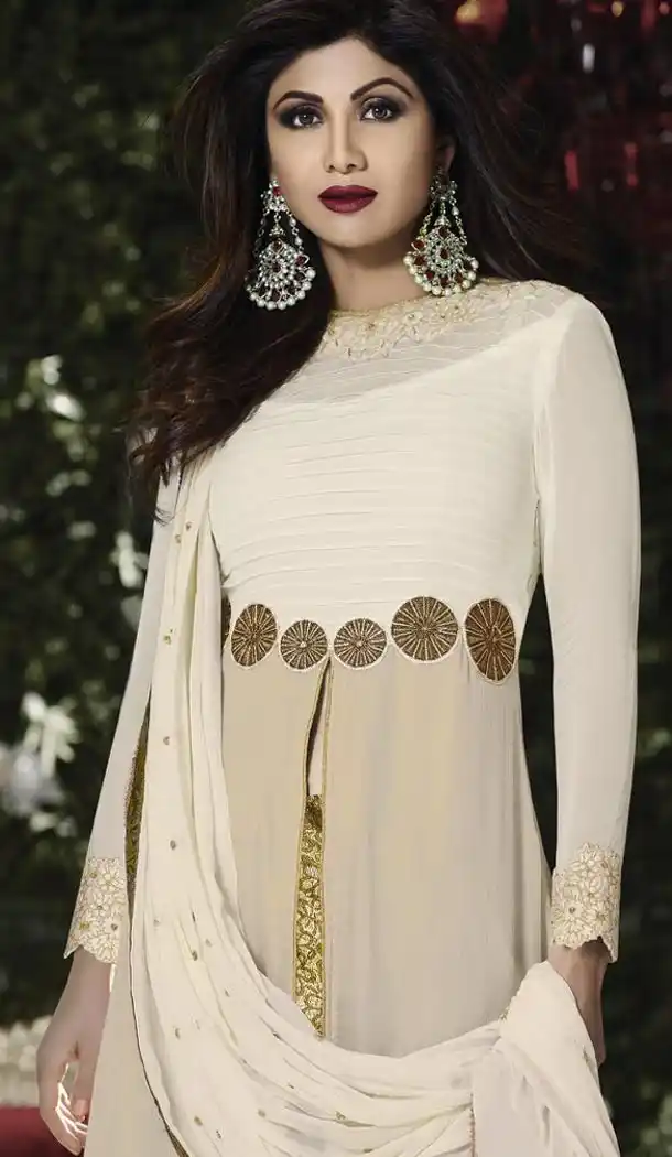 Shilpa Shetty in Beige Chiffon Narrow Pants with Kameez | FH403465397
