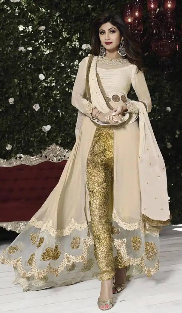 Shilpa Shetty in Beige Chiffon Narrow Pants with Kameez | FH403465397