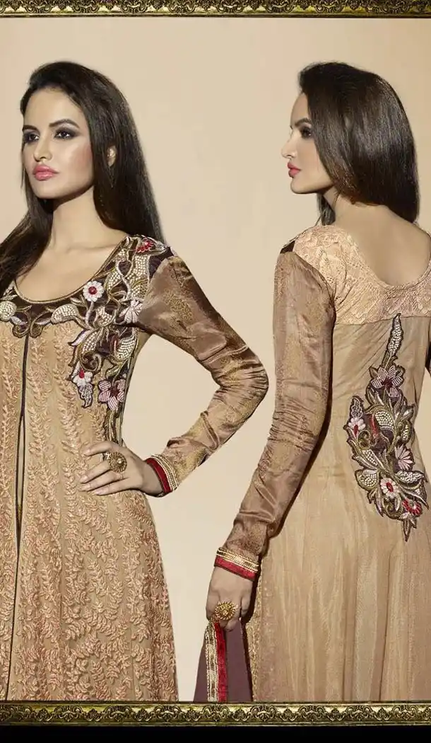 Tan Brown Net Narrow Pants with Kameez | FH403465398