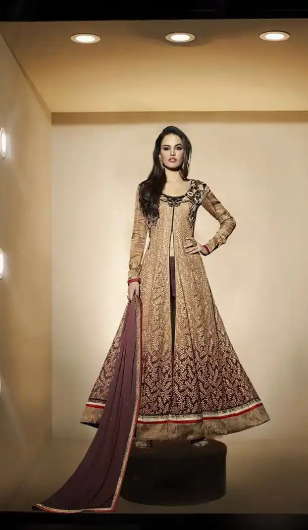 Tan Brown Net Narrow Pants with Kameez | FH403465398