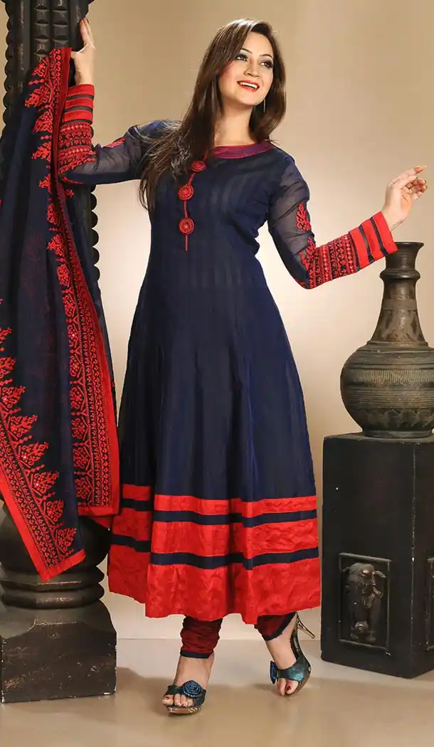 Art Silk Navy Blue Readymade Churidar Salwar Suit Online | FH403665379