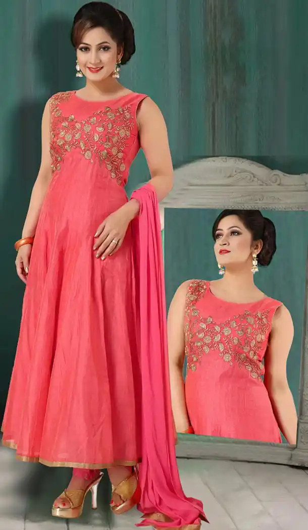 Art Silk Salmon Readymade Churidar Salwar Suit Online | FH403665380