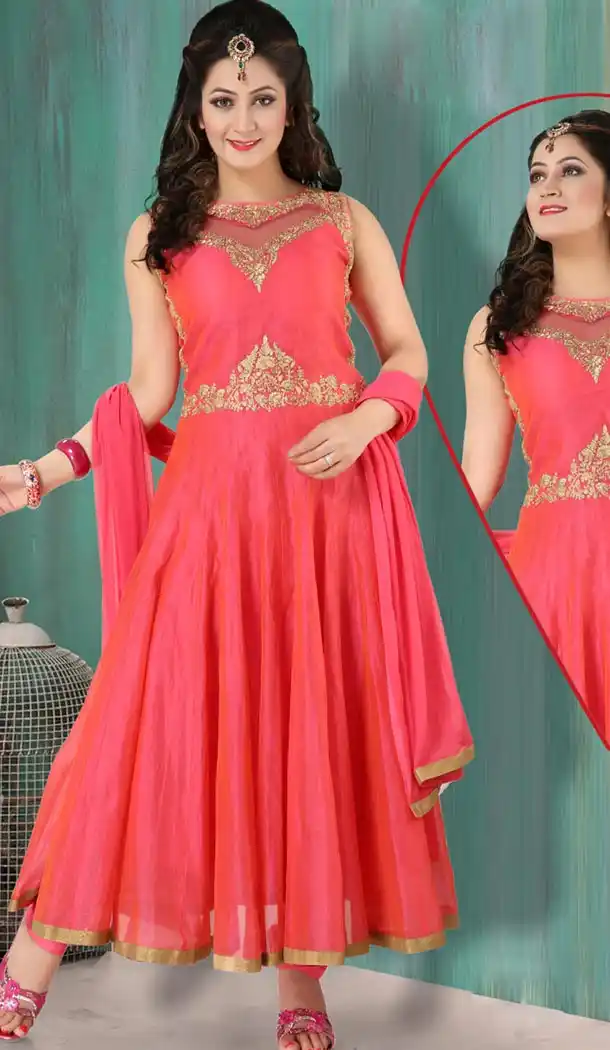 Art Silk and Net Salmon Readymade Churidar Salwar Suit Online | FH403665381