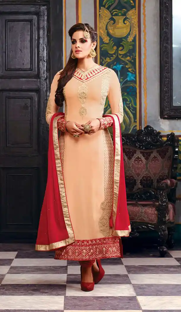 Peach Puff Color Georgette Straight Cut Salwar kameez online shopping | FH403765373