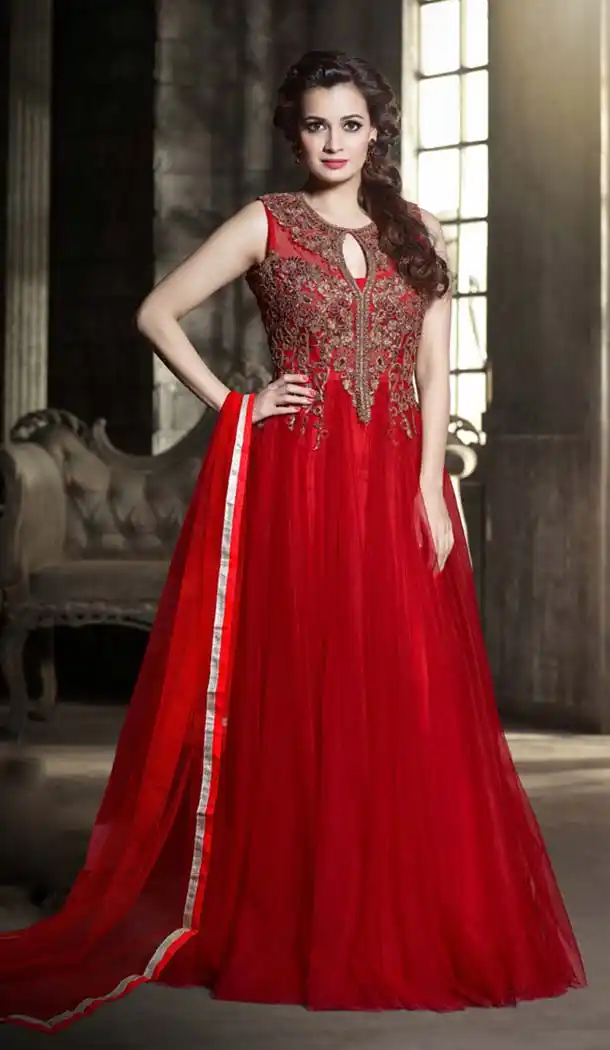 Bollywood Actresses Dia Mirza Deep Scarlet Color Gowns | FH404465427