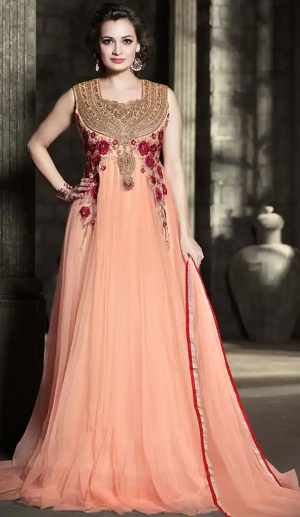 Bollywood Actresses Dia Mirza Orange Color Gowns | FH404465430