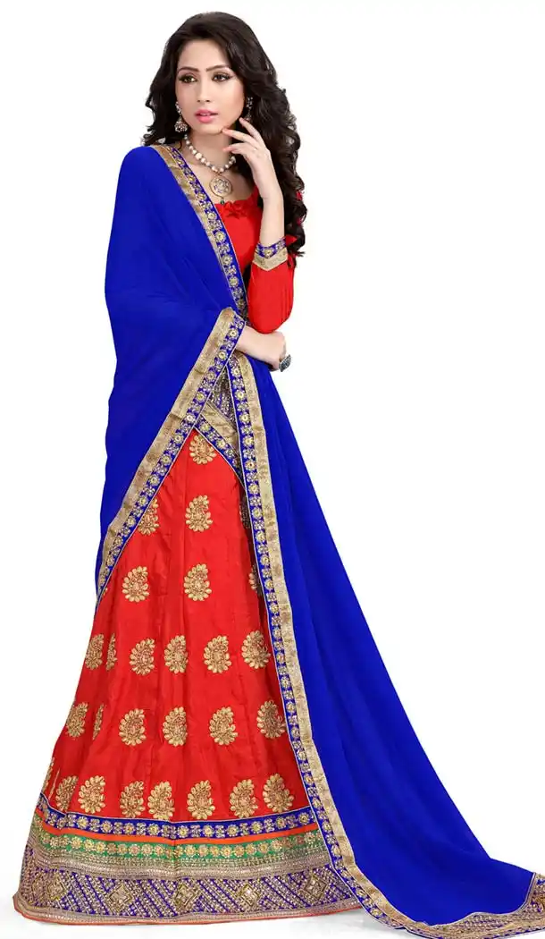 Women's Silk Fabric and Deep Scarlet Pretty A Line Lehenga Style With Mirror Work Dupatta | FH405165492