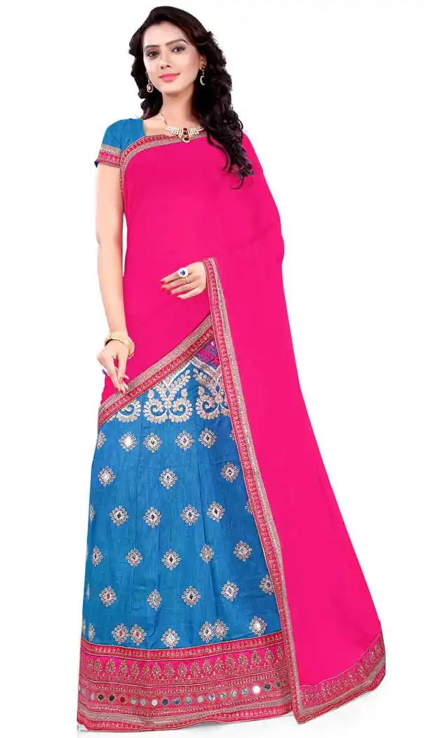 Women's Silk Fabric and Sky Blue Color Pretty A Line Lehenga Style With Lace Work Dupatta | FH405165493