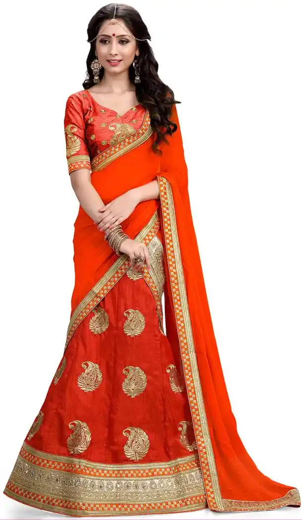 Women's Silk Fabric and Deep Scarlet Color Pretty A Line Lehenga Style With Mirror Work Dupatta | FH405265511