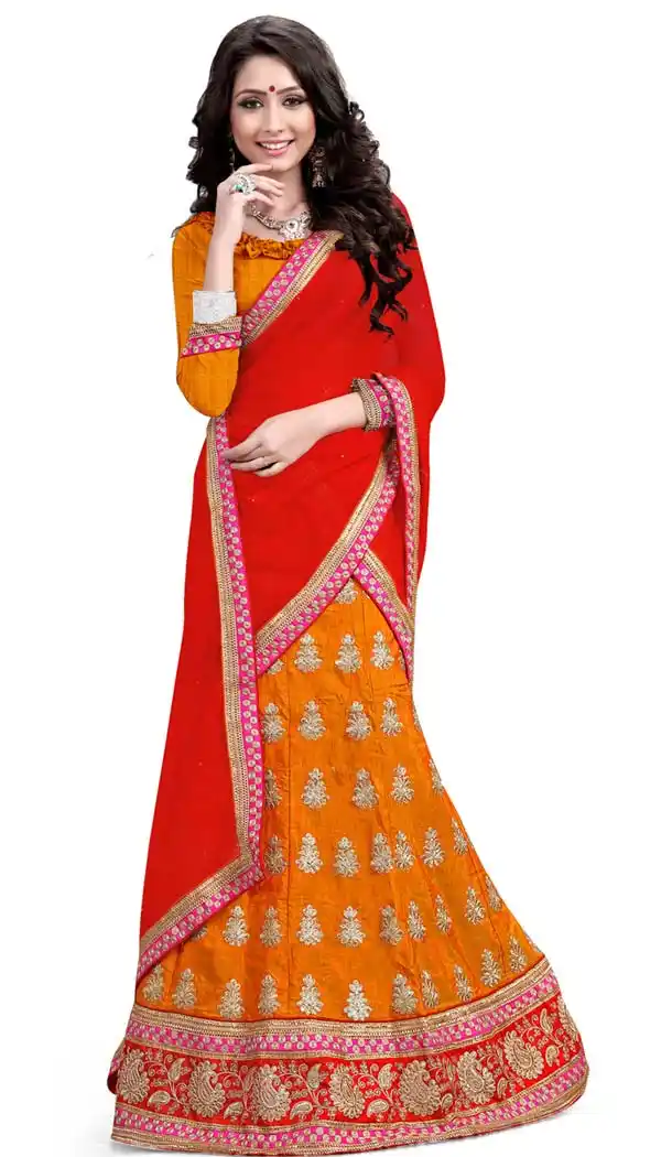 Women's Silk Fabric Orange Color Pretty Lehenga Choli With Lace Work Dupatta | FH405265520