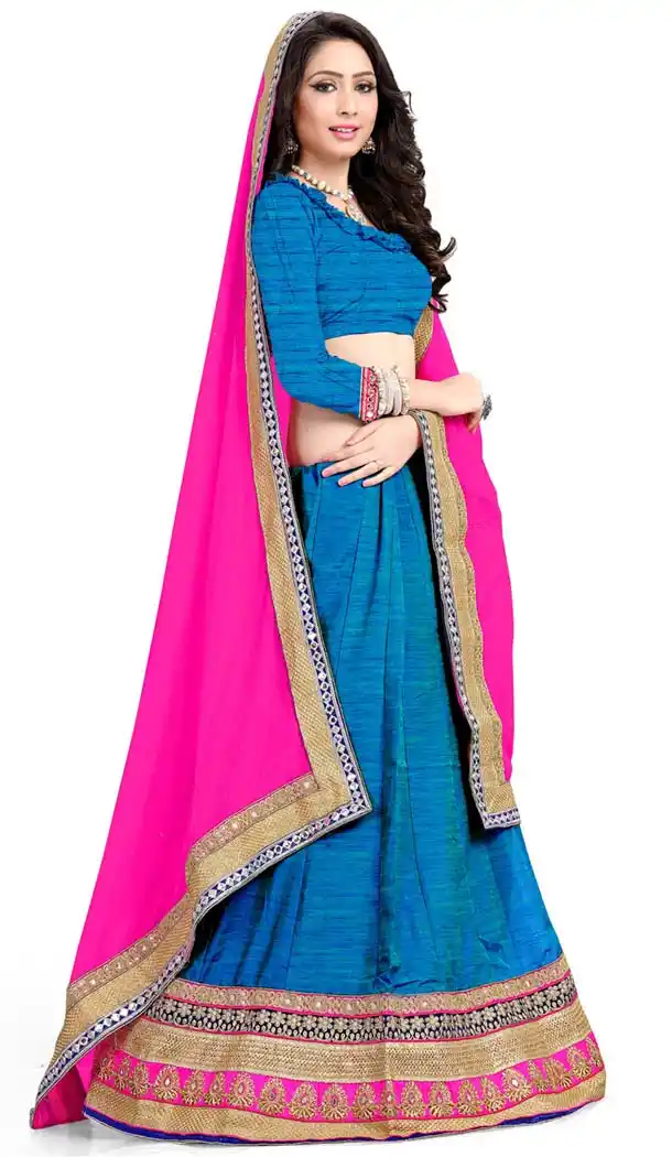 Women's Silk Fabric Cyan Blue Pretty Lehenga Choli With Lace Work Dupatta | FH405365537