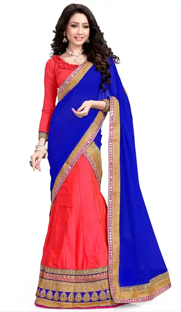 Women's Silk Fabric and Coral Color Pretty A Line Lehenga Style With Lace Work Dupatta | FH405365538