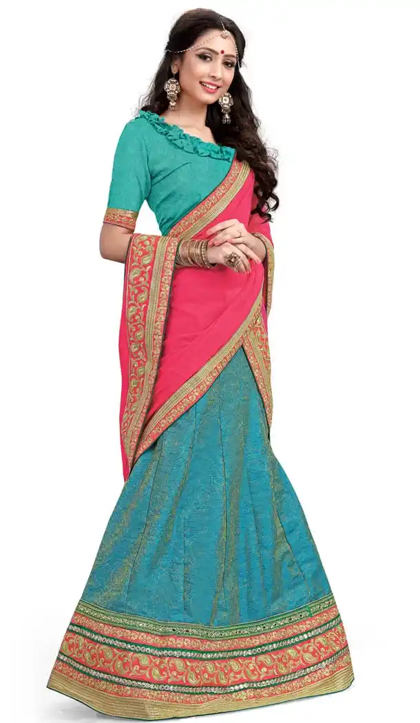 Women's Silk Fabric Cyan Blue Color Pretty Lehenga Choli With Lace Work Dupatta | FH405465560