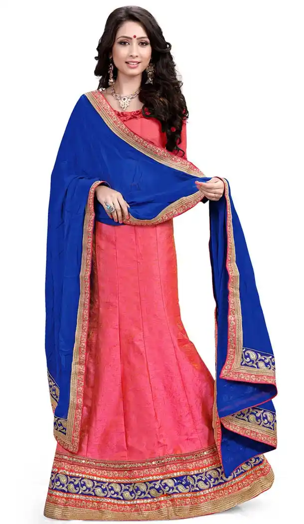 Women's Silk Fabric and Salmon Pretty A Line Lehenga Style With Lace Work Dupatta | FH405465561