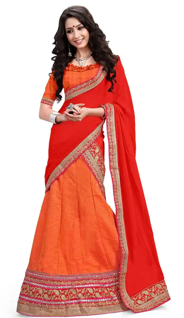 Women's Orange Pretty A Line Lehenga Style With Lace Work Dupatta | FH405465563