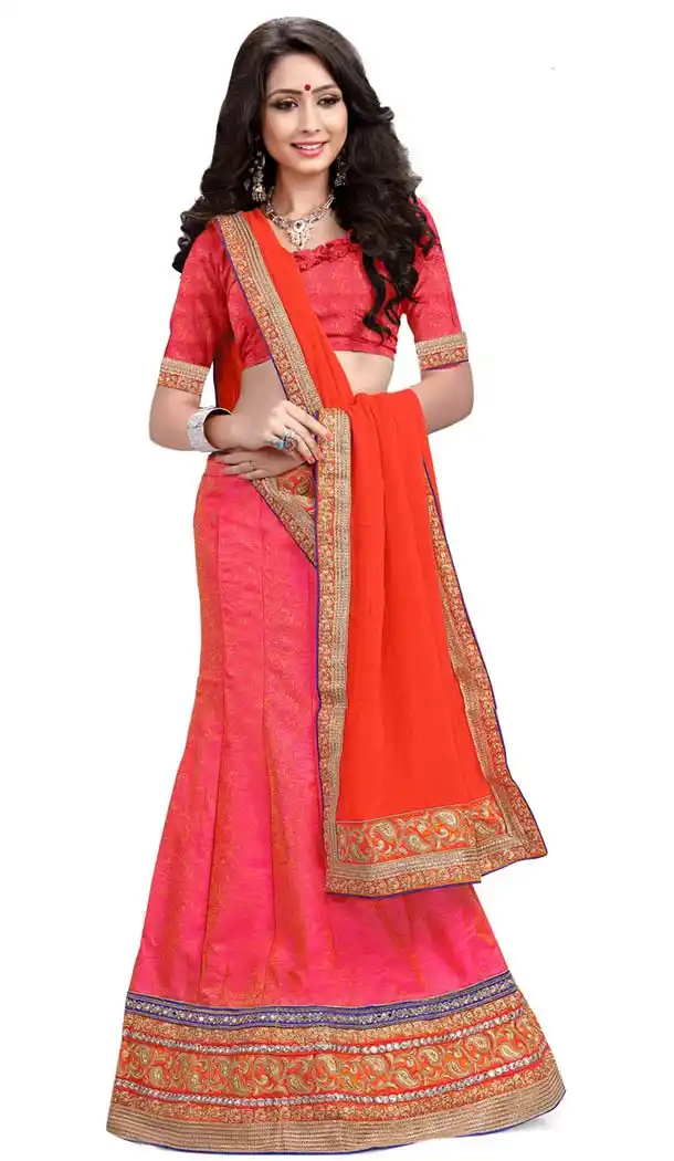 Women's Silk Fabric and Salmon Color Pretty A Line Lehenga Style With Lace Work Dupatta | FH405465564